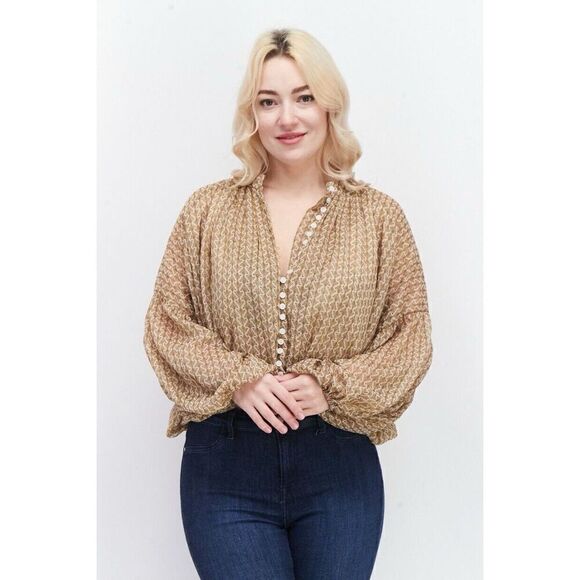 Kourt Long Sleeve Button-Down Shimmer Cream/Beige Blouse - Picture 4 of 16